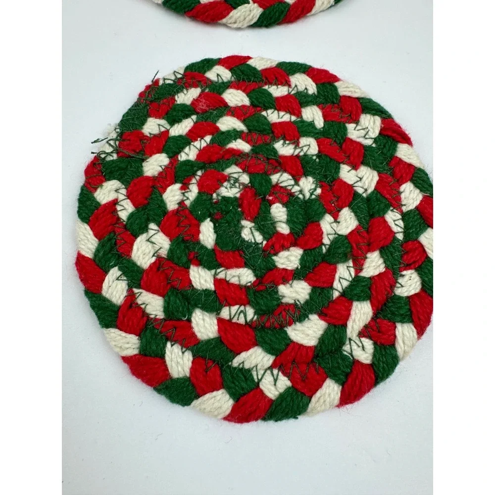 Vintage Set of 8 Christmas Braided Yarn Coasters Red Green White Holiday